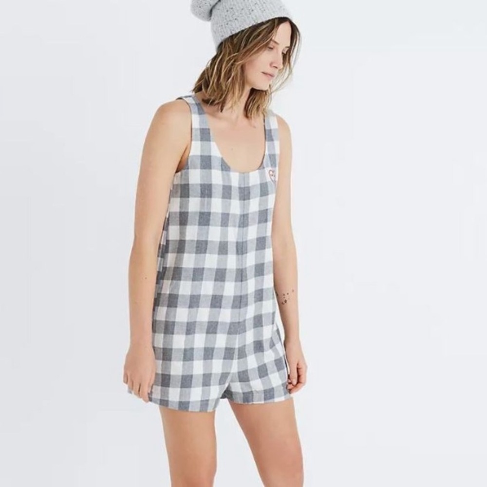Madewell Gray and White Buffalo Check Flannel Pajama Romper